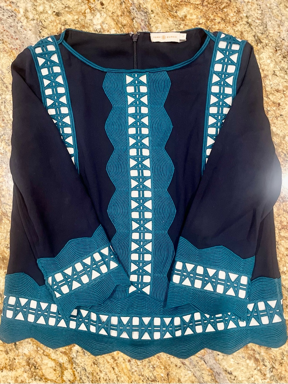 Tory Burch Germaine Embellished 100 % Silk Dark Navy & Teal Tunic Sz. 4